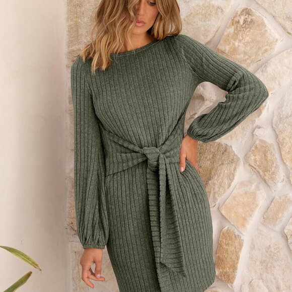 Women's Fall Dress Long Lantern Sleeves Ribbed Knit Tie Waist Mini Casual - Picture 6 of 7